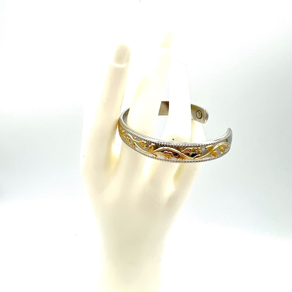 Floral Two-Tone Cuff Bangle Bracelet‎ Beautifully Engraved